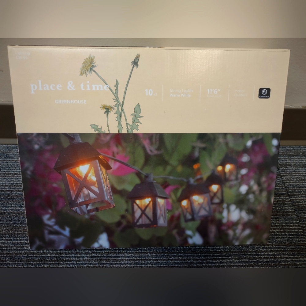 String lights, warm white, 11'6" total length. Indoor/outdoor.